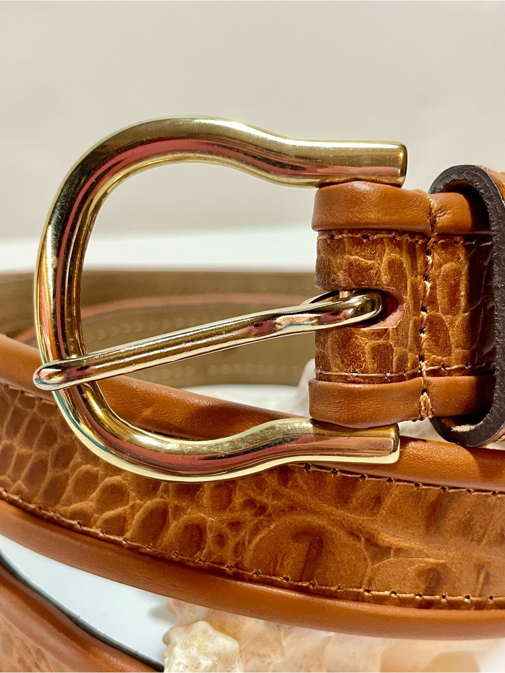 Liz Claibourne Cognac Croc-Embossed Leather Belt with Gold Buckle - Picture 2 of 12
